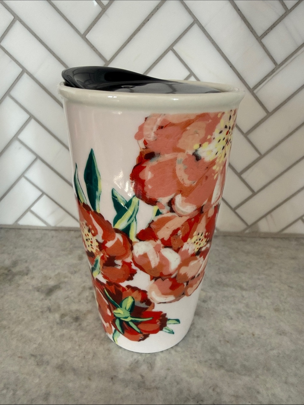 Starbucks White Ceramic Travel Tumbler with Pink Floral and Gold Accent - 10 oz